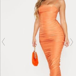 PRETTYLITTLETHING orange Slinky Ruched Dress